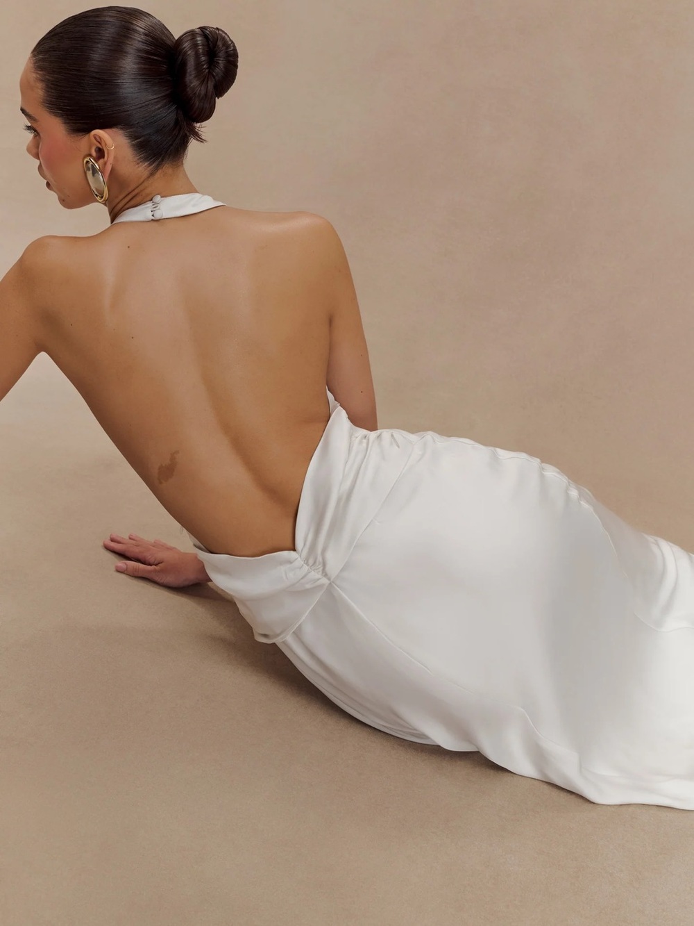 Backless White Satin Halter Dress (Rinna - Meshki - Medium)